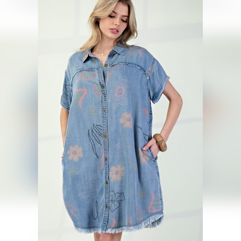 easel Blue Denim Button-Front Floral Shirt Dress- worn once!  Size small